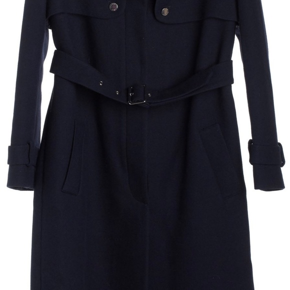 SANDRO Navy Blue Black Leather Trim Slim Coat, 8 - Picture 2 of 4